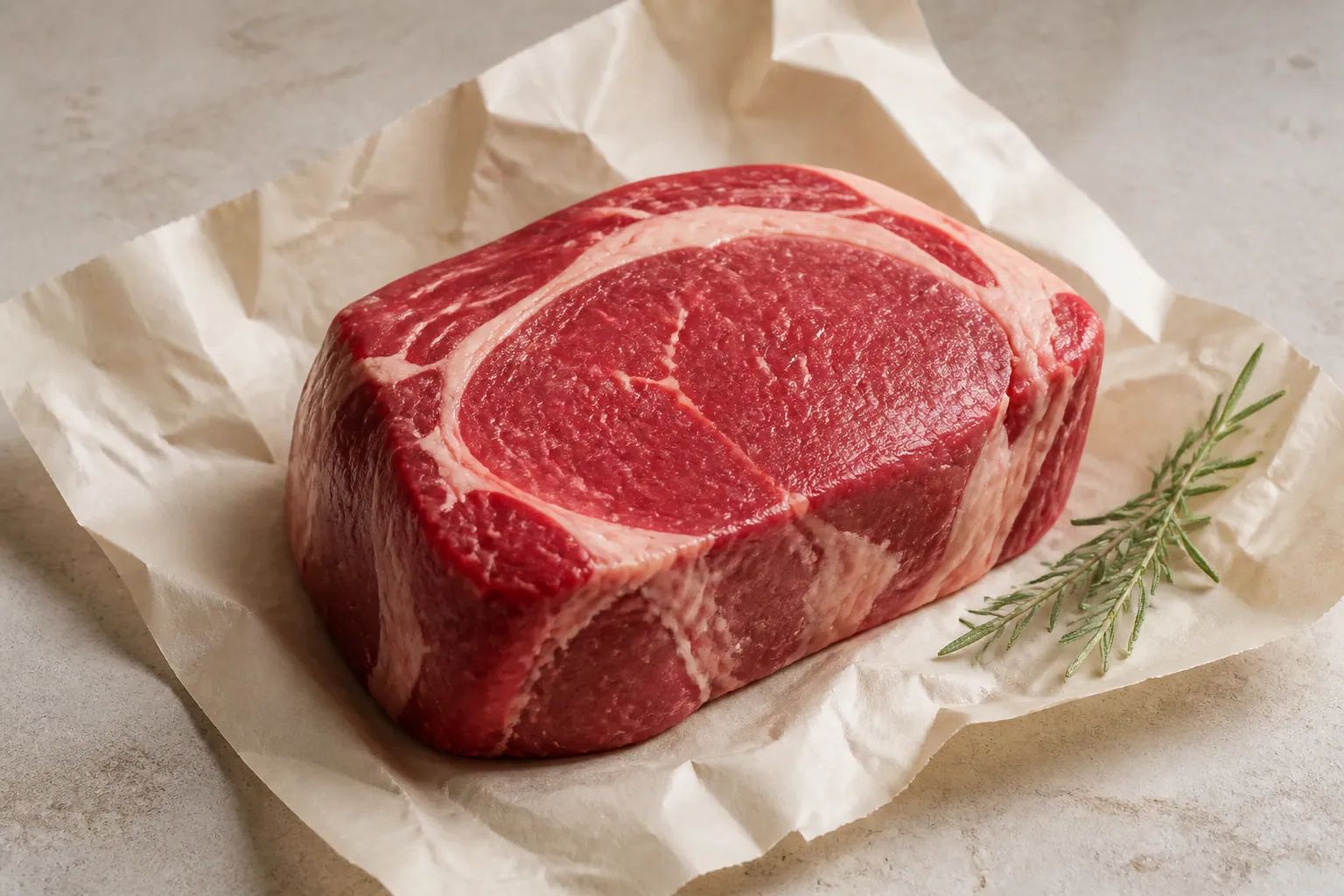 Pièce de bœuf fraîche présentée sobrement sur papier de boucher