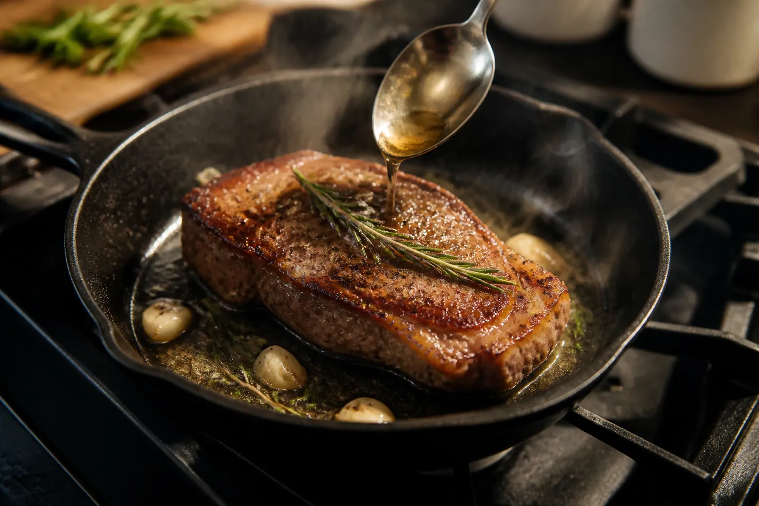Pièce de viande saisie dans une poêle avec herbes aromatiques