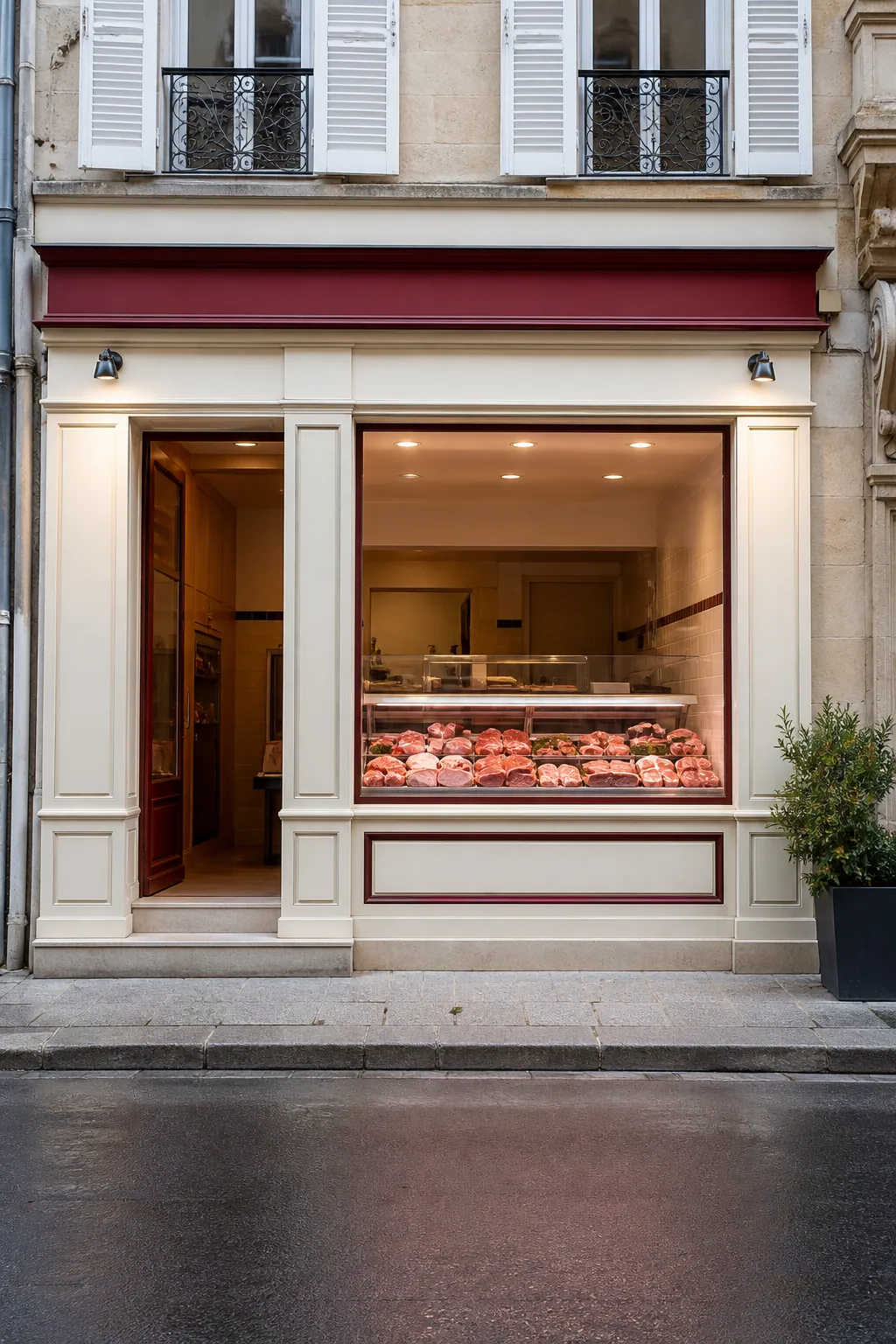 Devanture sobre d'une boucherie française à l'heure d'ouverture