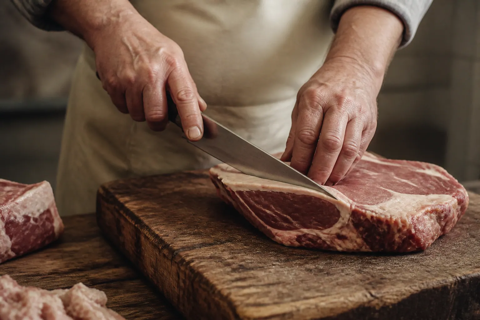 Mains d'un artisan réalisant une découpe précise sur un billot