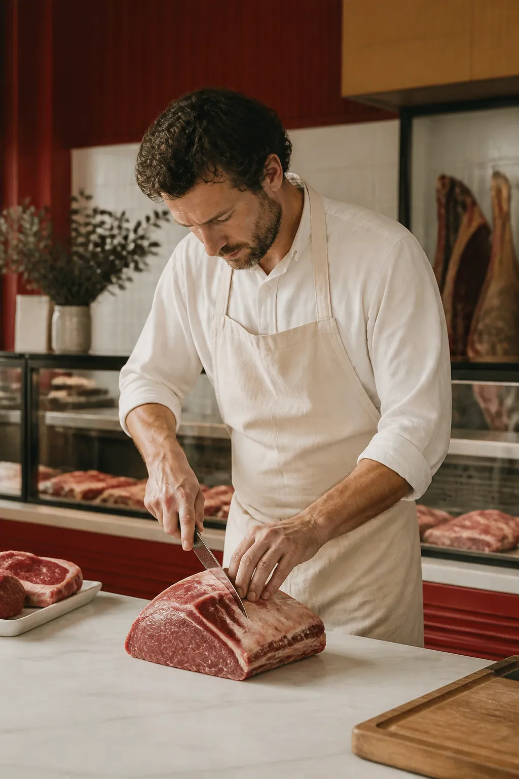 Artisan boucher en tablier clair devant son plan de travail