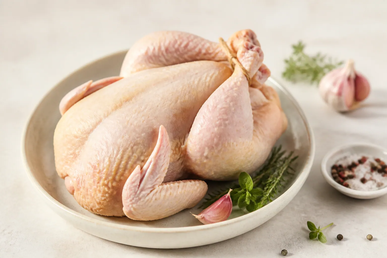 Volaille préparée avec aromates sur un plat clair
